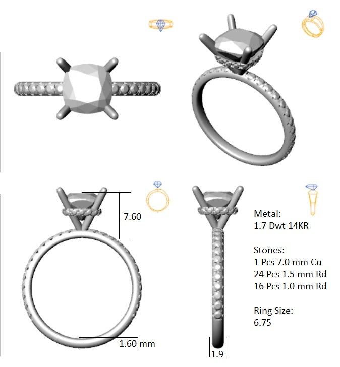 Hidden Halo 7.0MM Cushion Engagement Ring .44  Carat TDW
