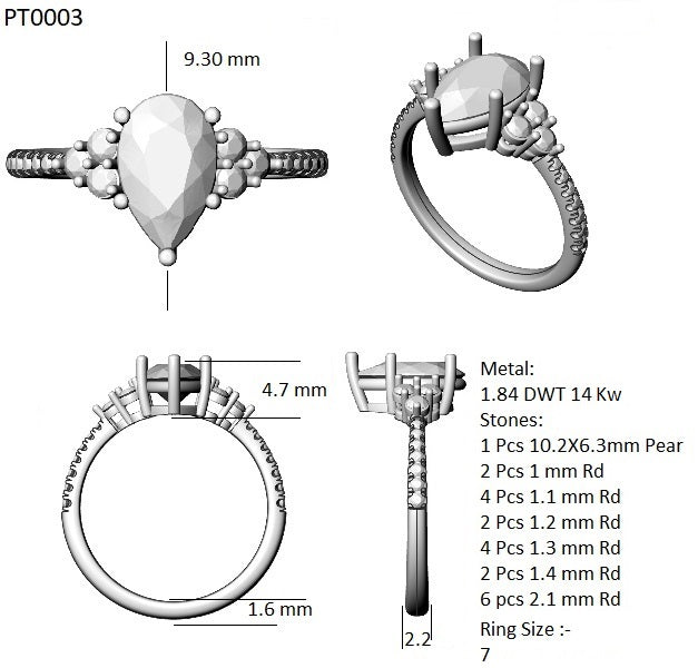 PT003 LAB GROWN DIAMOND 10.0 x 6.0MM Pear Engagement Ring 1.90 CARAT TDW
